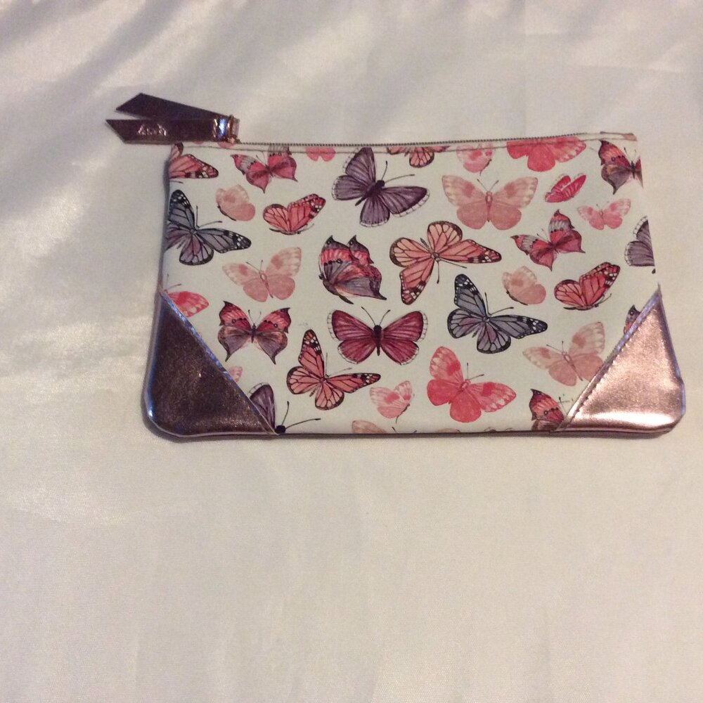 Ipsy Makeup Cosmetic Bag Zip Up Butterfly Faux Leather Travel Bag New 7” x 5”